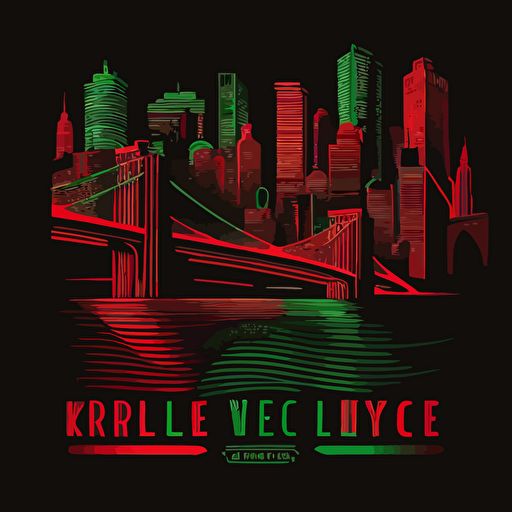 new york city skyline with brooklyn bridge in a tribe called quest cover style, red and green on black background, vector illustrated, flat design