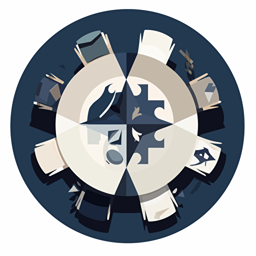 Minimalistic round war table, logo style, geometric shapes, top view, vector, cartoon style, white background, dark blue and dark gray color mix