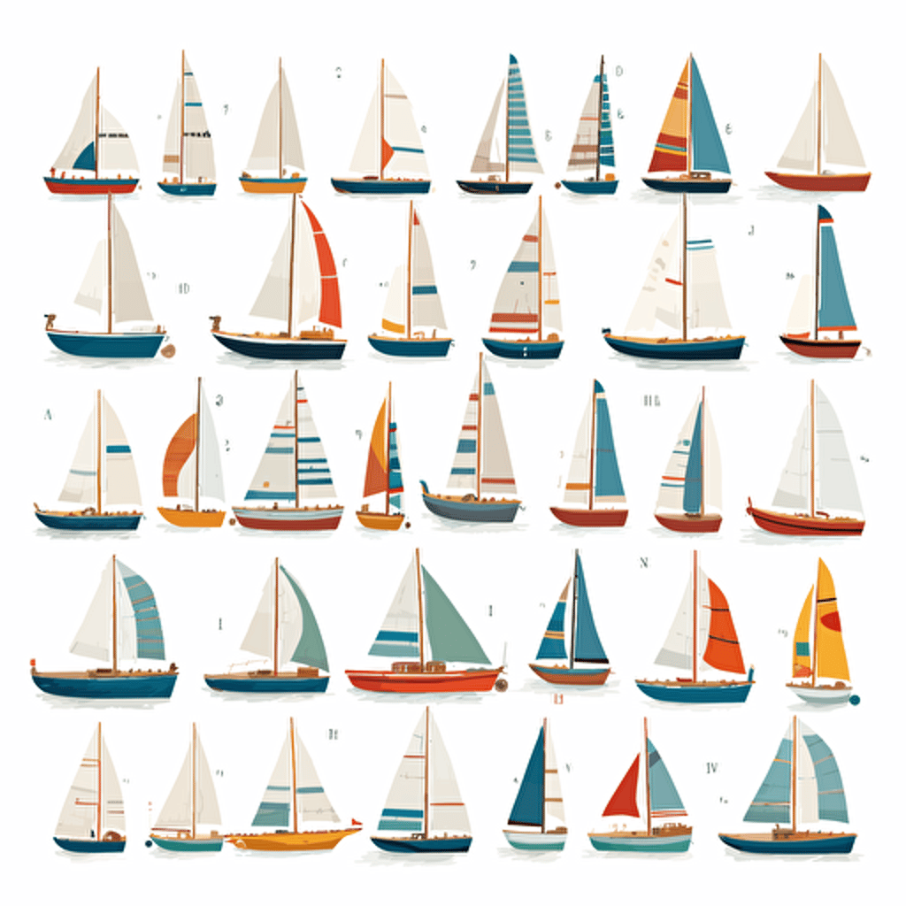 a grid of different boat sizes from small to large, vector, white background