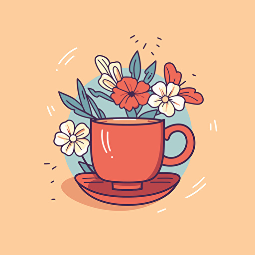 Vector illustration coffee cup with flowers illustration, in the style of patrick caulfield, muted colors, simple line drawings, bill traylor, pseudo, nostalgic, hinchel or sticker white bakcground