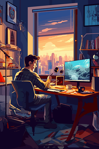 vector art style of a film editor working in his studio. Make this modern and eligant.
