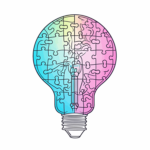 poeple putting a 4 piece puzzle in the shape of a light bulb together, neon, anime, contour, vector, white background, detailed