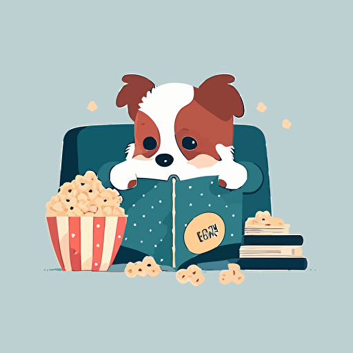 cute flat vector illustrations of puppy with face mask, book, couch and popcorn movie.
