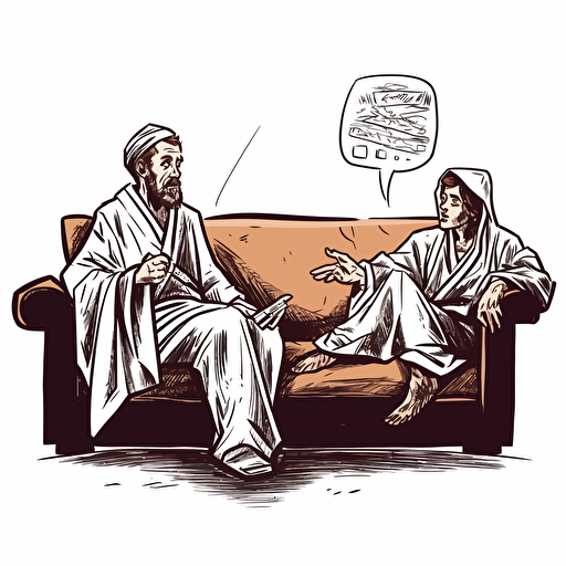 luke skywaker in jedi robes holding a lit lightsaber, lying on a psychiatrists couch looking worried and confused, as a psychiatrist with a notebook asks him questions comic book style vector drawing white background