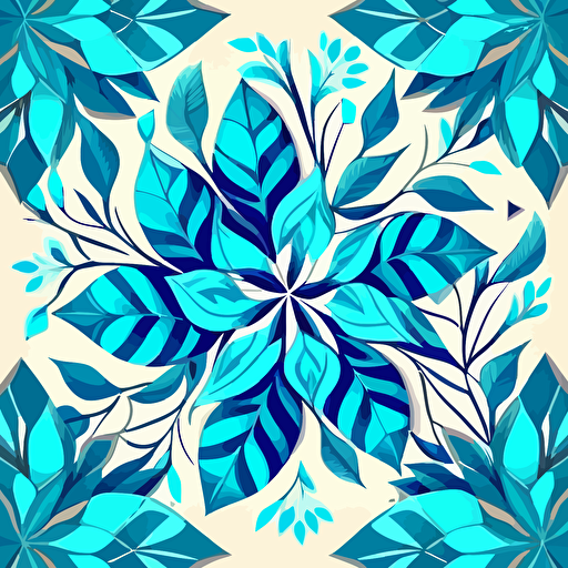 geometric pattern of leaves and flowers. Vector. bright blue colors. No shading. Modern style, cute.