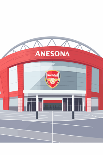 Arsenal Stadium, cartoon, white background, vector, colourful, in motion