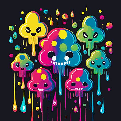 vector line drawing, dripping smiley faces, mushrooms, flowers, neon colors