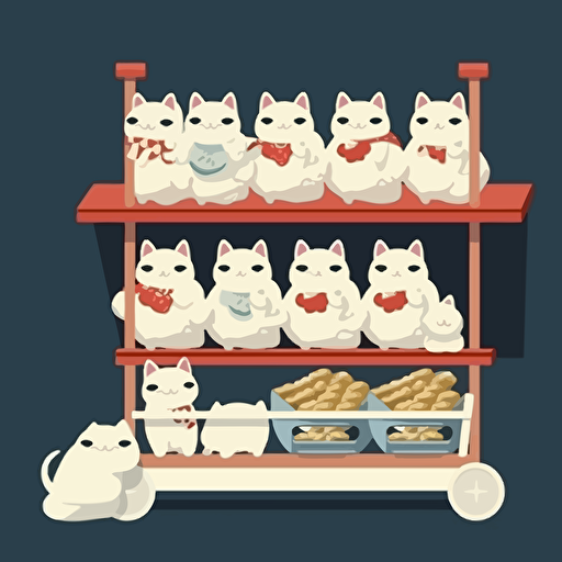 japanese market cart stall, white lucky cat ornaments neatly on shelf, vector, simple, flat style