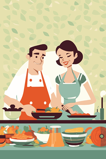 a happy couple cooking together. background: blank. couple: smiling while looking at each other with aprons on. food in front of the couple, vector style