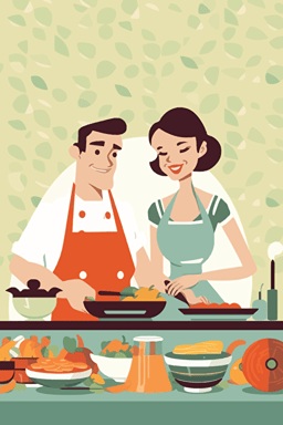 a happy couple cooking together. background: blank. couple: smiling while looking at each other with aprons on. food in front of the couple, vector style