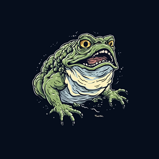 flat vector logo of a grumpy wrinkly hairy old frog catching a fly with long tongue, minimalistic, black background, outline, white color