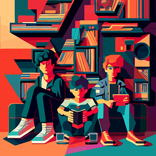 3 young, in the ´90, sitting on a couch. The walls have posters of rock bands. There is a shelf with stacked records. vectorial art geometric, similar Tom Whalen