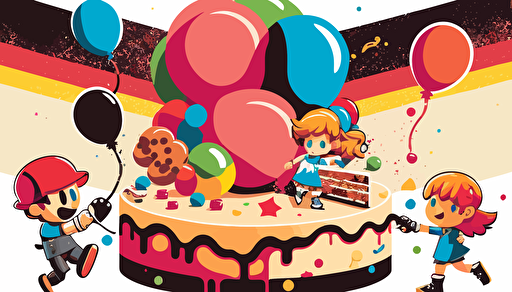 super smash bros around a birthday cake, with balloons, vector art, flat background