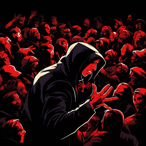 spiderman in a rap battle. Vector image. Drawing. Black background. Villains in the crowd. Wide angle.