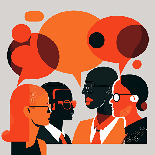 a group of people with no facial features and speech bubbles above them, simple vector corporate style, red and orange accents