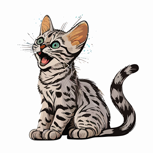 A cartoon mini bengal silver cat vector illustration meowing cute