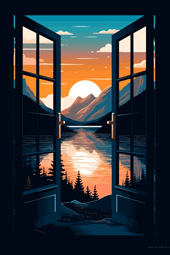 looking outside through an open door, outside of the door are mountains and rivers and a bright setting night sky, illustrated, 2d, vector art