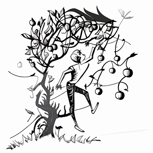 boywesring shorts flying over tall and skinny tree, with branches that twisted and turned in every direction. Black and White vector illustration. Cheerful image with magical fruit around