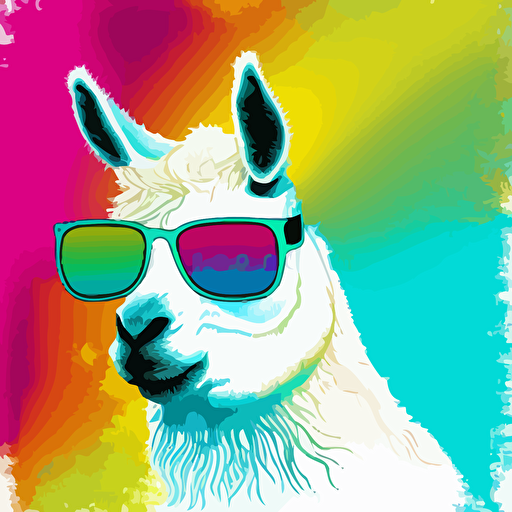 white llama with sunglasses, vector style, with an acid drop background