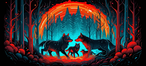 wolves in a forest, surrounded by a circle of forest motifs, 2d vector, neon colors, epic composition