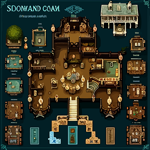 a top down 2d game level, full map, haunted mansion, vector, bedroom, four poster bed, dining hall, kitchen, ballroom, staircase, conservatory, intricate furniture, statues, framed paintings, rococo, baroque, cute