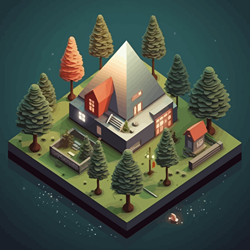 beautiful isometric with a garden, isometric view, vector illustration, modern, clean, high focus intricate details, soft smooth lighting, soft colors, 100mmlens, use shape like globe, triangle, cone, minimalist, night view, cute triangle small house in top of the podium with green grass and Christmas tree landscape