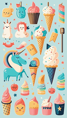 Vector style pattern with 40 illustrated objects. Use cute unicorns, flamingos, cupcakes and rainbows, clear vector areas, to print a full-size book cover, colorful