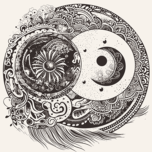tribal ying & yang design with tiny ancient japan details, 2d, vector, white background