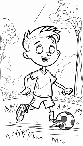 boy playing soccer, soccer ball, happy, in park, cartoon illustration, black and white coloring page for kids, flat vector