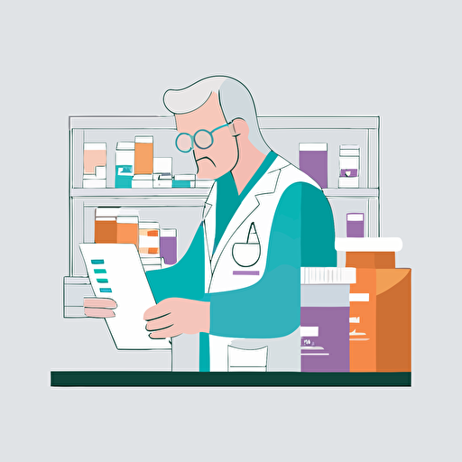 a group a pharmacist packaging prescription medications cartoon illustration vector 2d simple