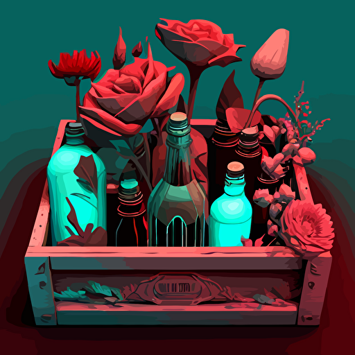a collection of bottles and flowers on an empty crate, in the style of surreal illustrations, 2D, vectorial illustration, architectural illustrator, light red and cyan, dinocore, videogame, witchy academia
