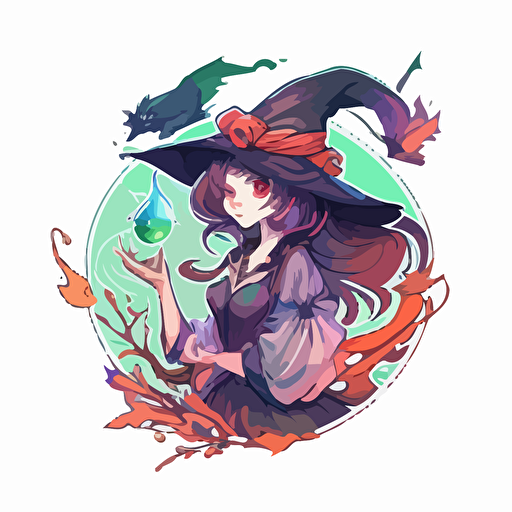 Beautiful Witch using magic, Sticker, Lovely, Satin Colors, Anime, Contour, Vector, White Background, Detailed