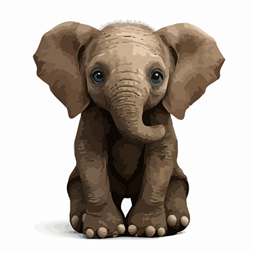 sitting baby elephant with large eyes, vector style, white background