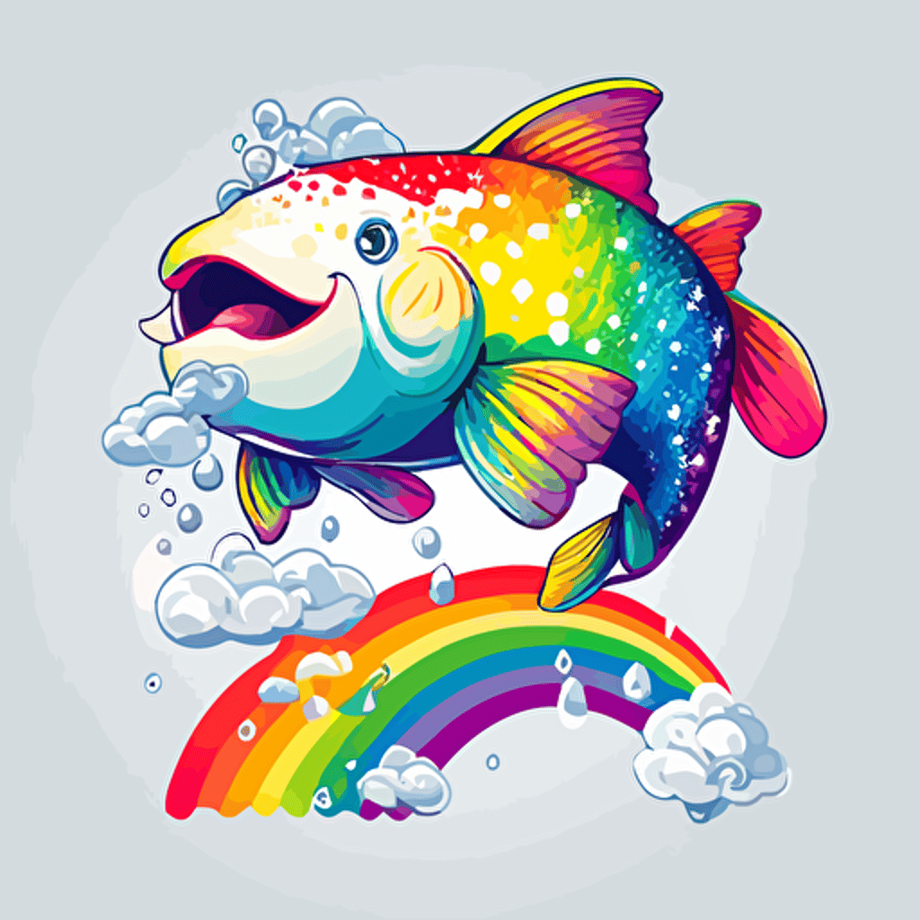 mascot logo of a cute rainbow cartoon koi fish, happy, whimsical, artist, artistic, inspired by Studio Ghibli, colorful, creative, vector, airbrush