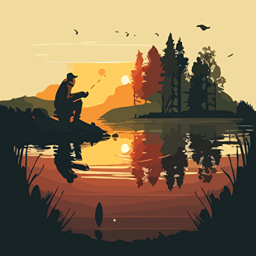 vector, fisherman reeling a fish, lake, morning ar9:11