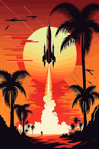 Rocket launching with sunset in background, 1970's style vector art