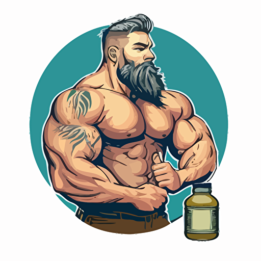 Bodybuilder's upper body, beard, confident look, bottle design, vector illustration