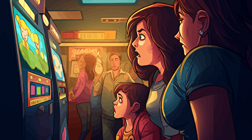 Cartoonish illustration of a mom completely absorbed in playing a mini Pac-Man arcade game, kids in the background trying to get her attention, vibrant colors, humorous scene, exaggerated expressions, Adobe Illustrator, vector art, fun and lighthearted atmosphere