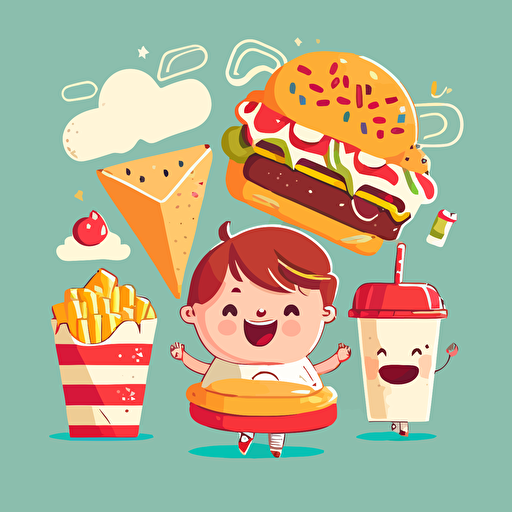 fast food, children's book illustration style, simple, cute, full color, flat color, vector