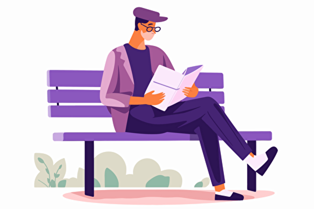 A young man reading a book, sitting on a park bench, sunny. Artsy flat vector illustration, light purples, white background