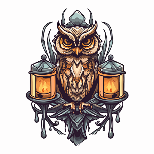 3 eyed symmetrical owl with spread wings perched on top of a stylistic candle lantern. Vector image. Drawing.