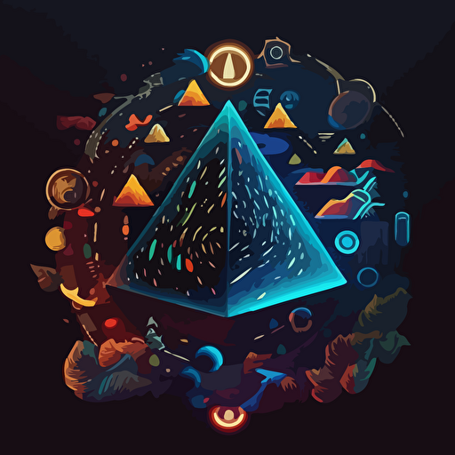 Within a dynamic digital exchange, a shimmering digital pyramid catches the eye, its unique patterns and colors encircled by a fluid aura representing ownership and security, as digits and symbols create a colorful vortex, showcasing the diversity of NFTs in the blockchain world. Flat illustration, UI illustration, GUI, Minimalism, dark background, vector, trending on Dribbble, Pinterest,