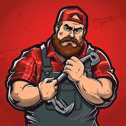 fat redneck car repairman, with grease on his face, holding a wrench, stadning in a car garage, red theme, vector art