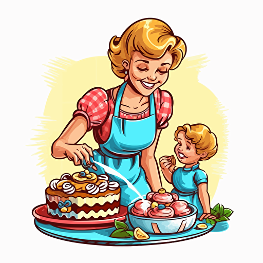 a cartoon sweet style drawing of a mommy preparing good cake vectorise style