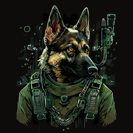 german shepherd with battle gear on, vector, hyper detail