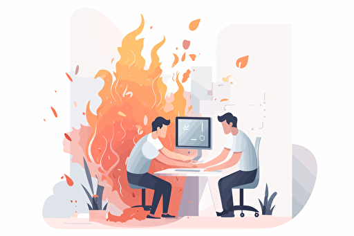 Person in an office burning the computer, flat style illustration for business ideas, flat design vector, industrial, light and magical, high resolution, entrepreneur, colored cartoon style, cad( computer aided design) , white background