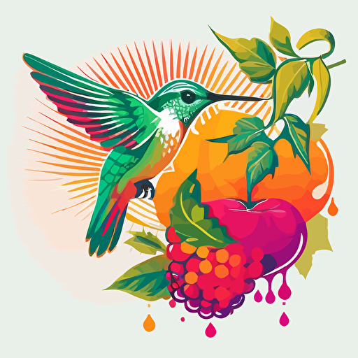 Pop Art Deco Hummingbird and tropical fruits, Vector, Logo, green, pink, orange