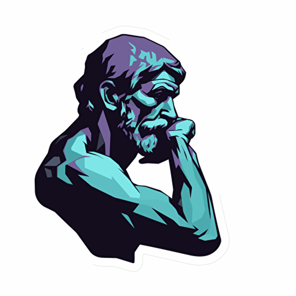 Sticker, close-up of The Thinker by Auguste Rodin, vector, by Shepard Fairey, color purple teal black white, no shadow, white background