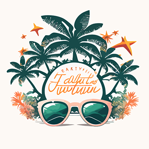 family vacation cruise logo sunglasses, tropical trees, starfish, coral, vector style, white background