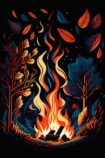 campfire, vivid colors, pop art deco illustration, hand vector art, black background,
